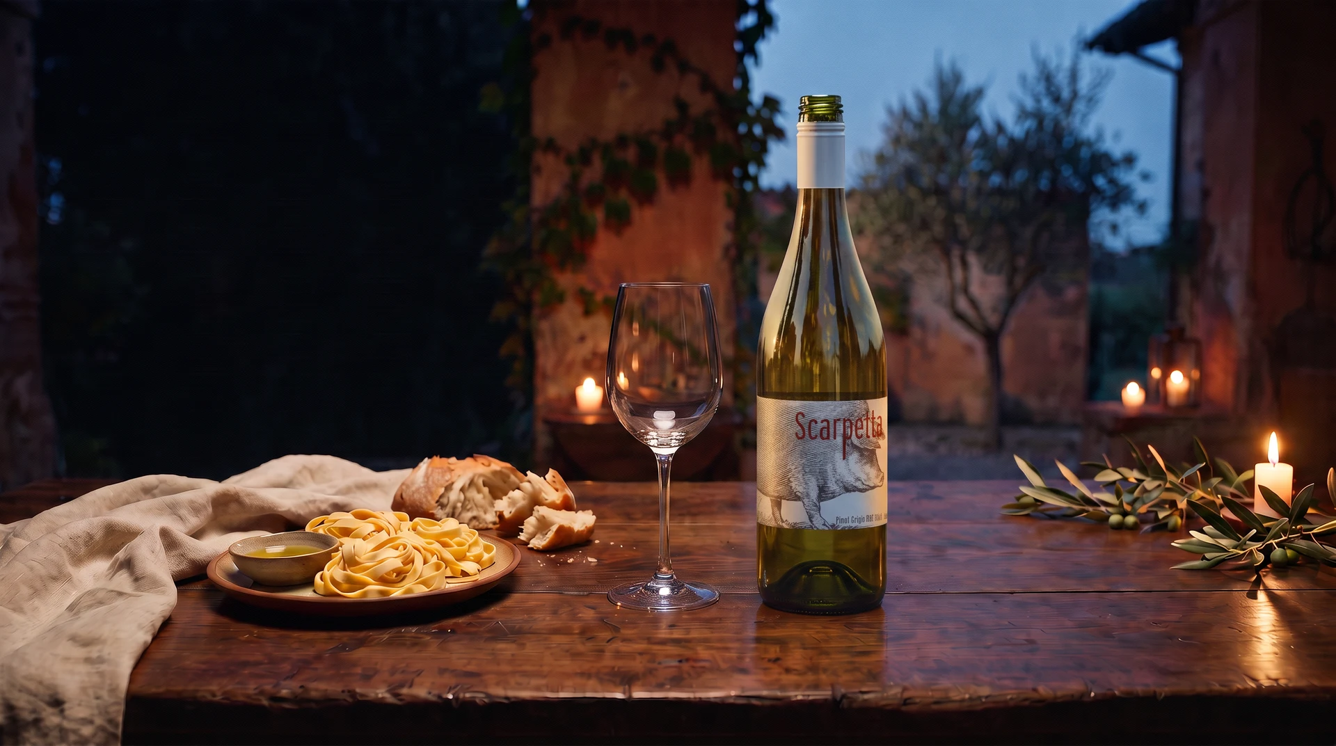 Scarpetta Pinot Grigio, bread and pasta at an imagined Italian courtyard table